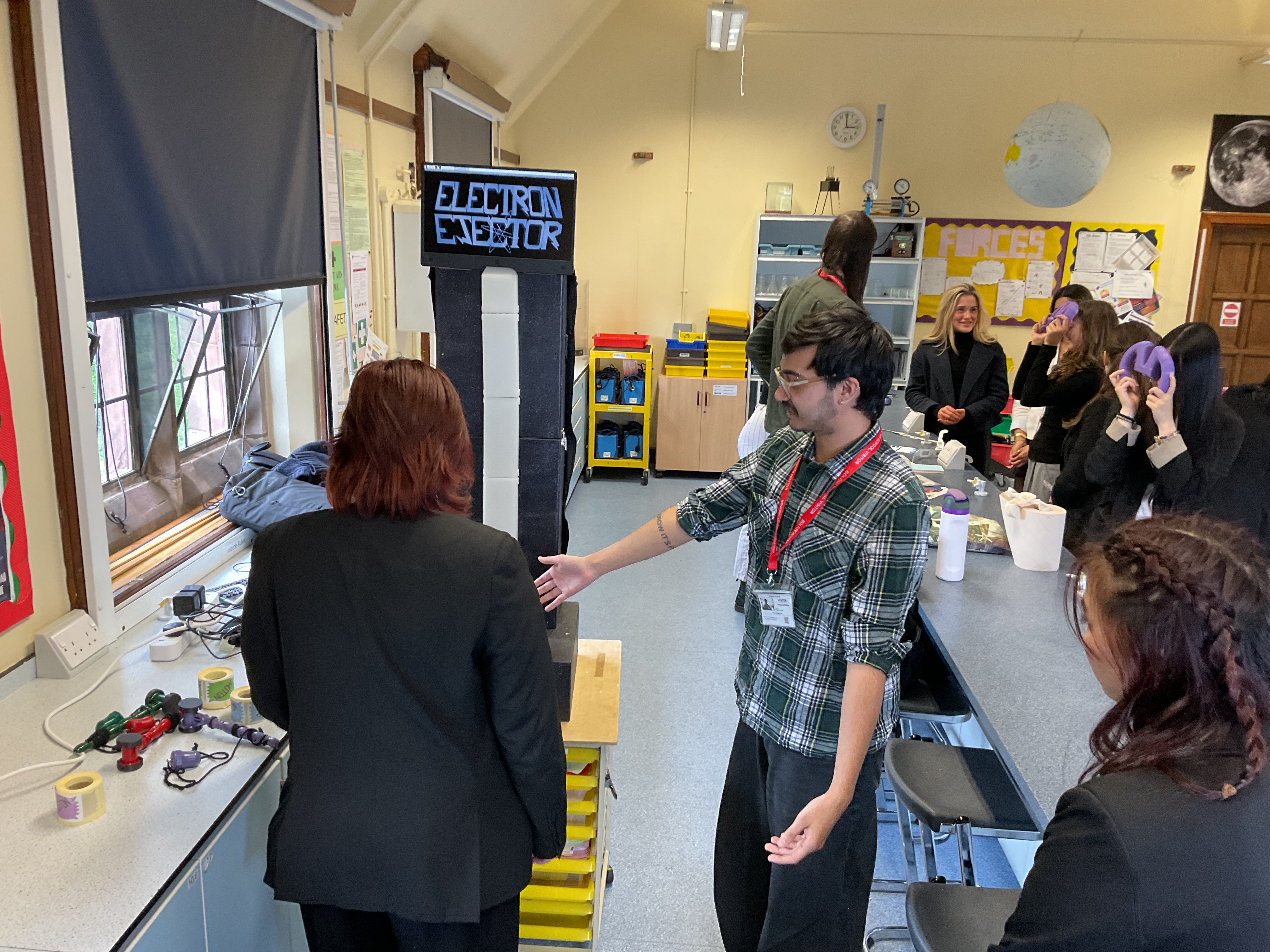 Photo for Meagan, Lana, Toby (Chilton Group), Reece (Chilton Group), and Sam (Mills group) present the Electron Ejector at Bolton School